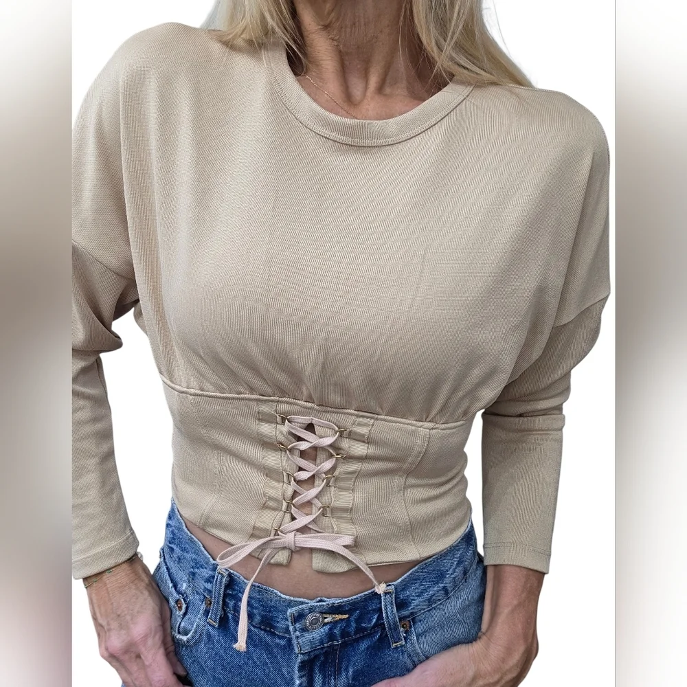 Zara W&B Lace Up Corset Top Long Sleeve Beige S